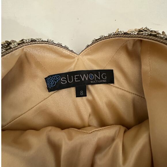 NWT Sue Wong Beaded Gold Mesh Top Black Fringe Bottom Evening Dress 8 - Picture 11 of 15